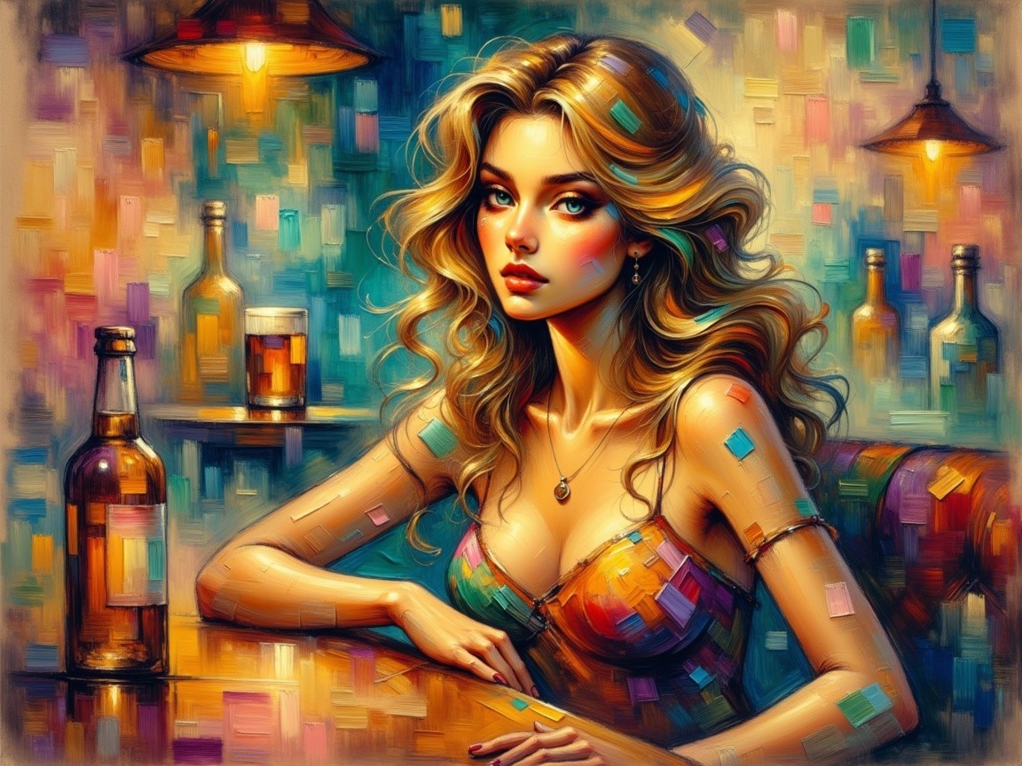 Glamorous Woman at Bar with Ambient Lighting