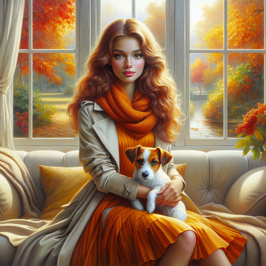 Cozy Room with Autumn Foliage and a Young Woman