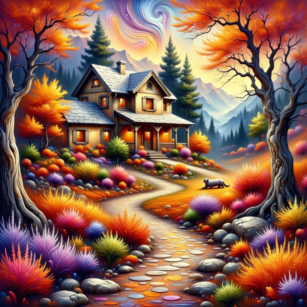 Autumn Landscape with House and Vibrant Foliage