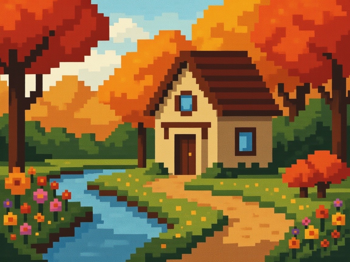 Pixel-Art Cottage by Serene River in Autumn Landscape