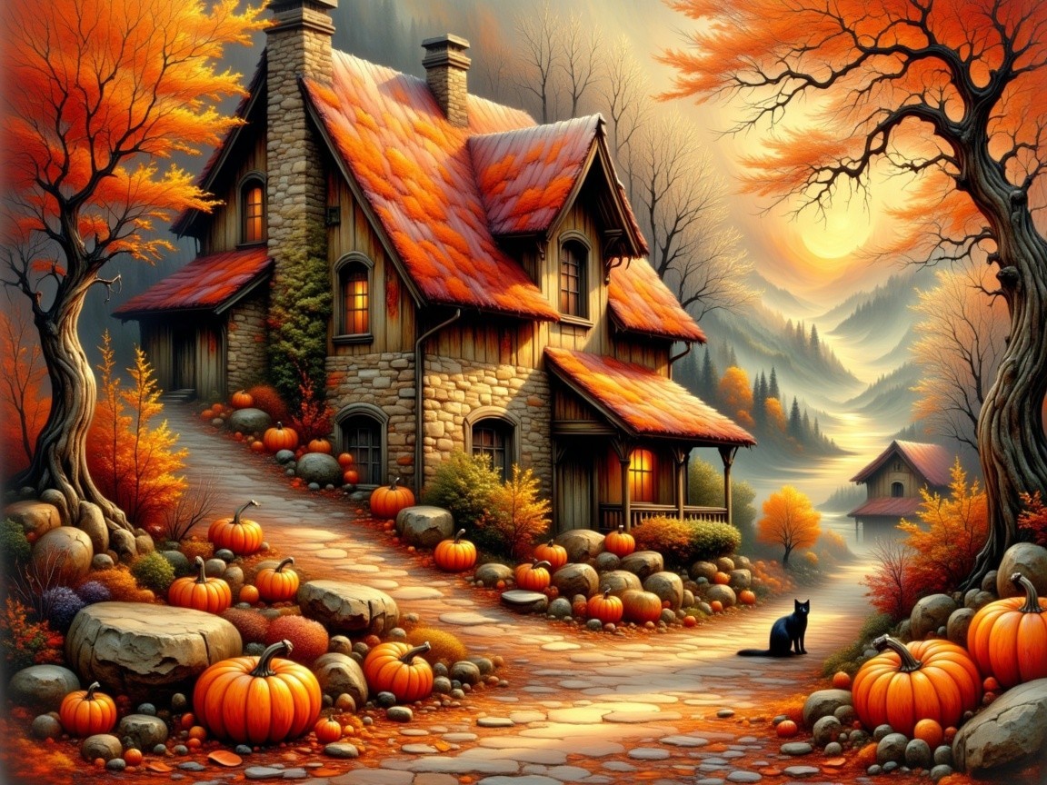 Cozy Stone Cottage in Vibrant Autumn Landscape