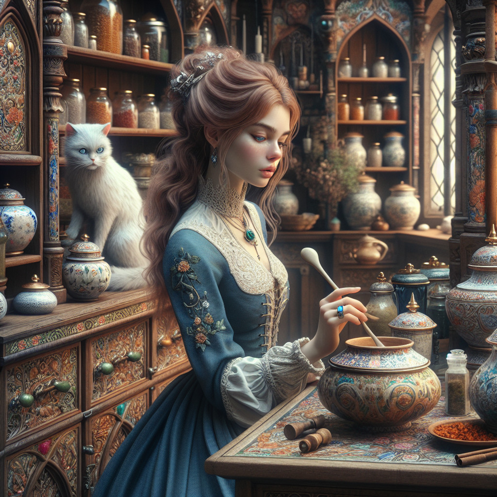 Medieval Woman in Elaborate Dress Mixing Spices