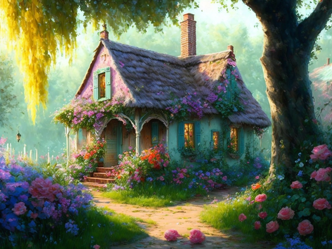 Charming Thatched Cottage Surrounded by Vibrant Flowers