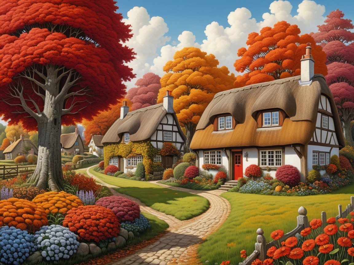 Charming Autumn Countryside Village Scene with Cottages