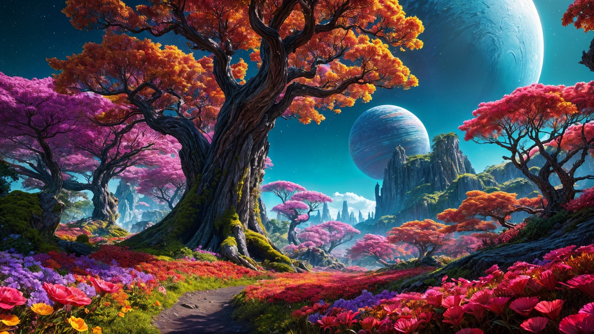 Majestic Ancient Tree in Vibrant Landscape Scene