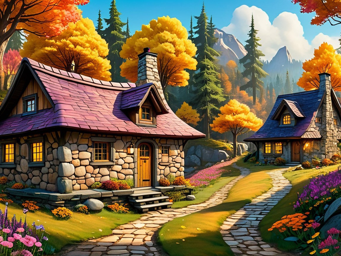 Charming Stone Cottages in Autumn Landscape