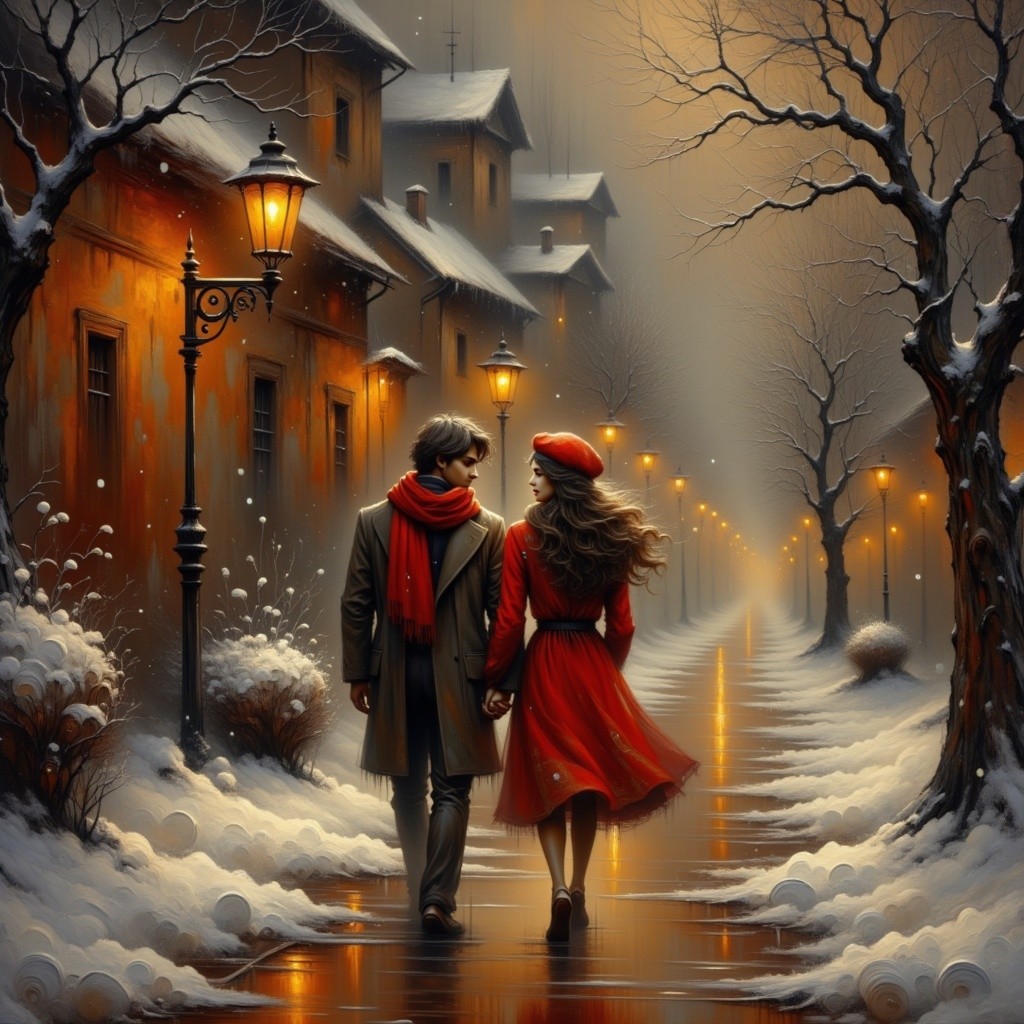 Romantic Winter Stroll on a Snow-Covered Street