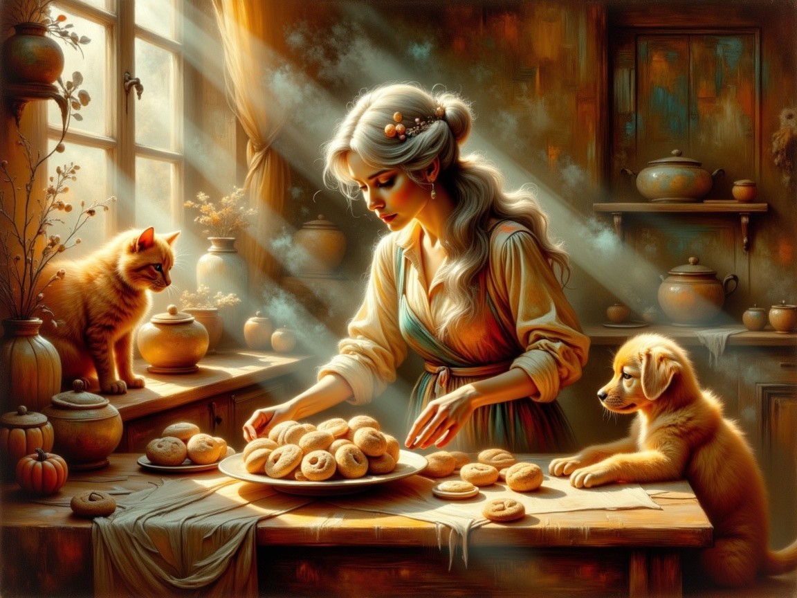 Warm Kitchen Scene with Cookies and Pets