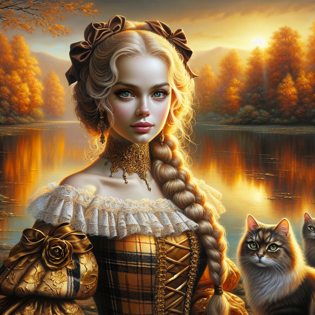 Autumn Landscape with Woman and Cats by a Lake