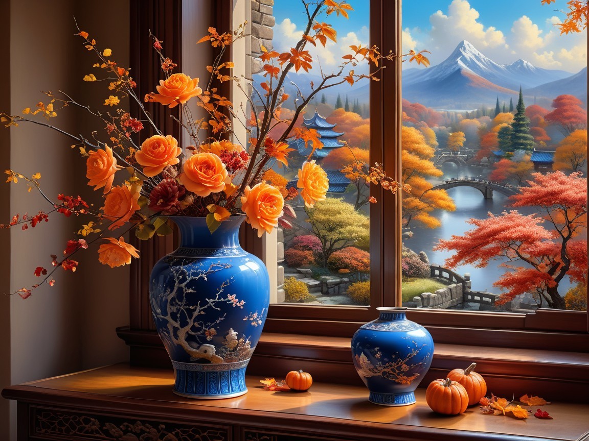 Vibrant Orange Roses and Scenic Autumn Landscape