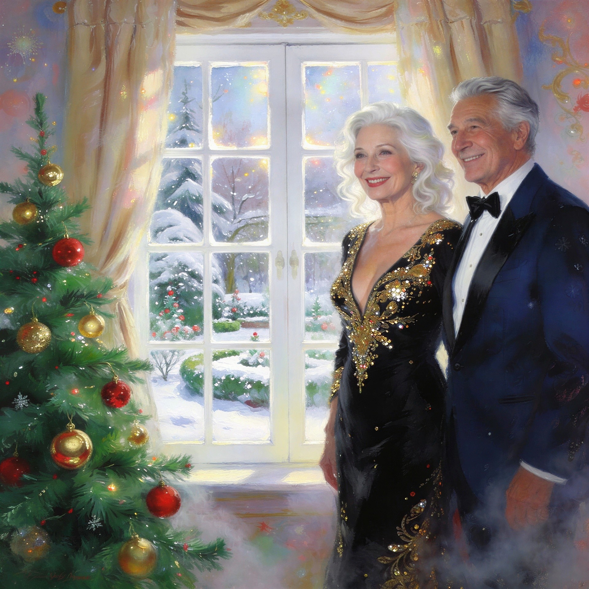 Elder Couple in Ballroom with Christmas Tree and Snow View