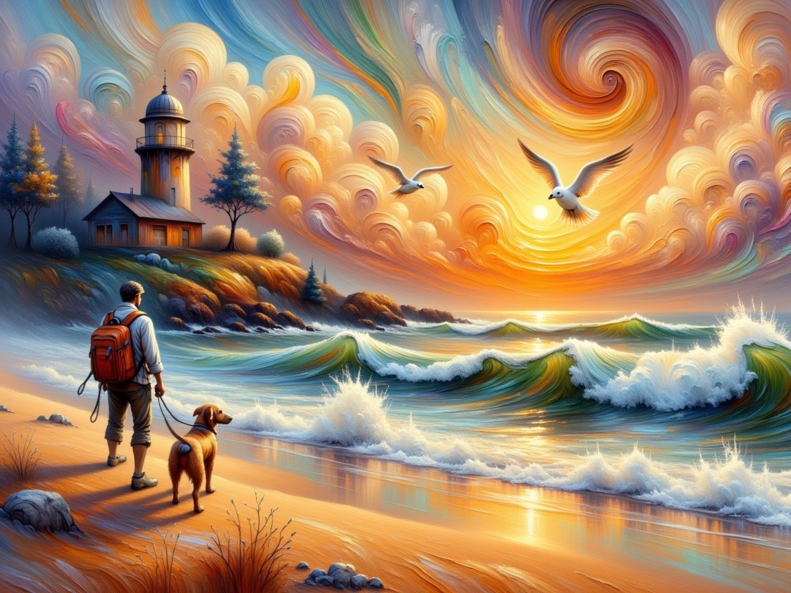 Coastal Sunset Scene with Dog and Lighthouse