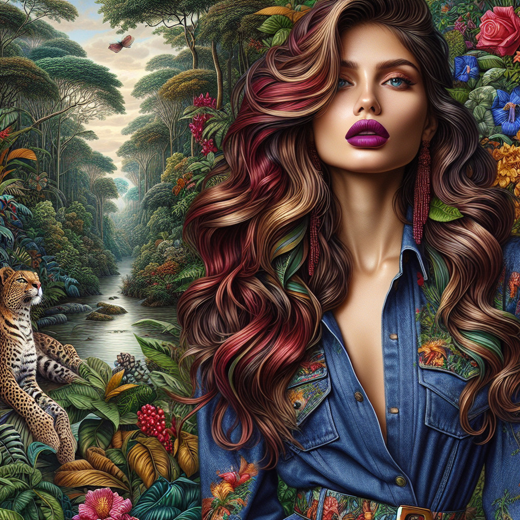 Vibrant Woman in Jungle with Leopard and River