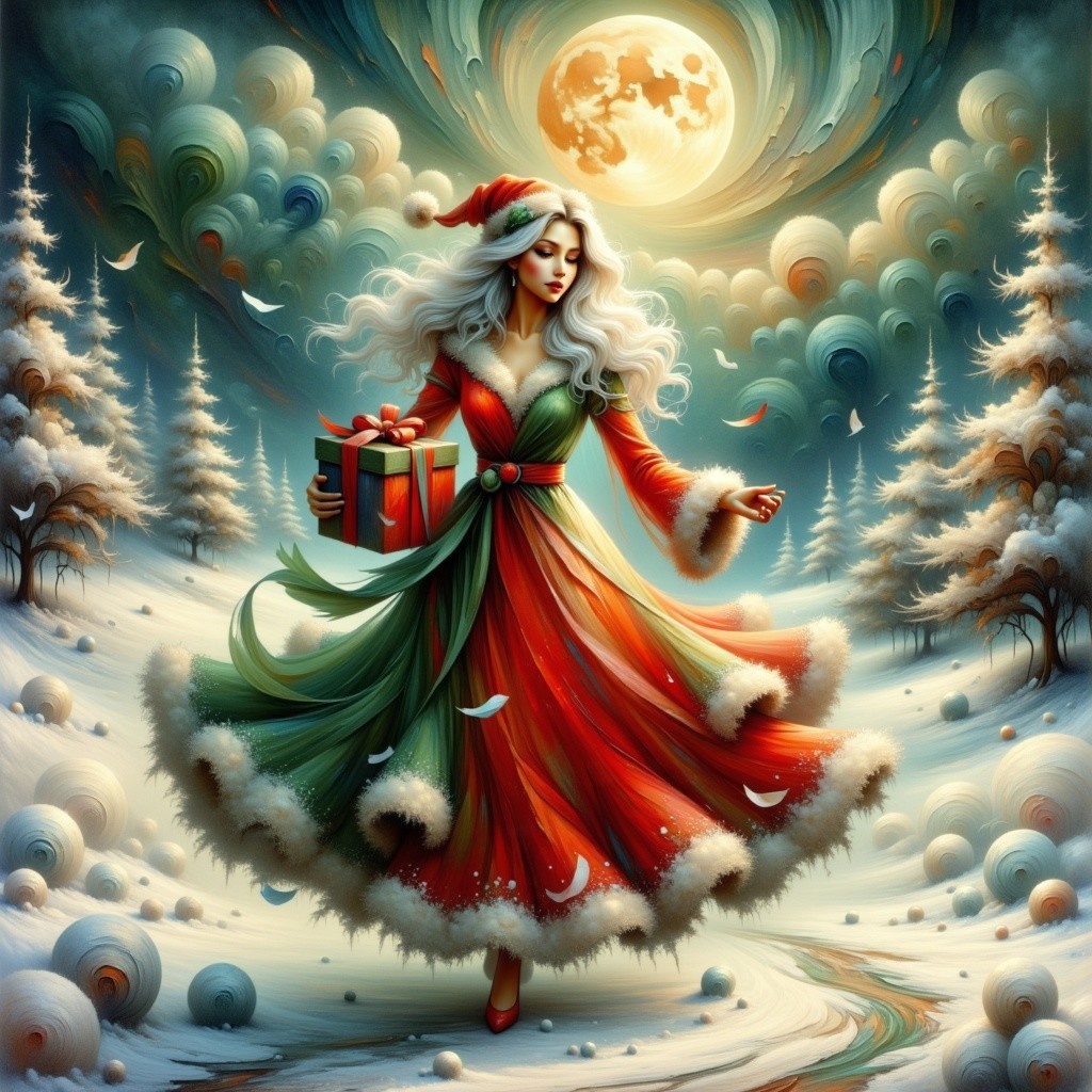 Whimsical Painting of a Festive Woman in Christmas Attire