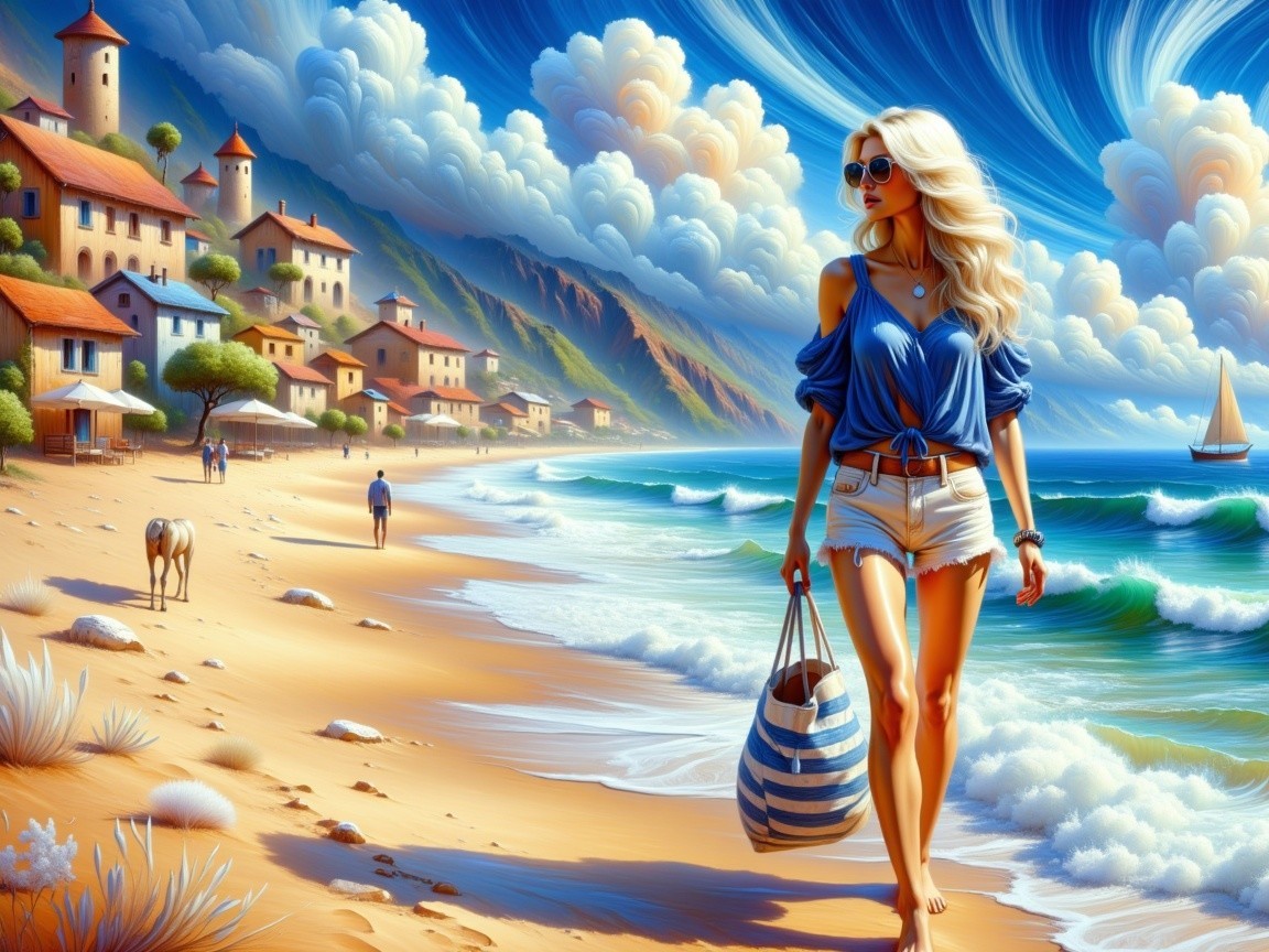 Stylish Woman Strolling on a Picturesque Beach Scene
