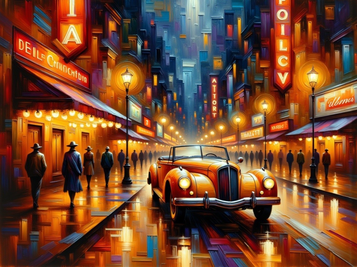 Vibrant Night City Street with Classic Car and Figures