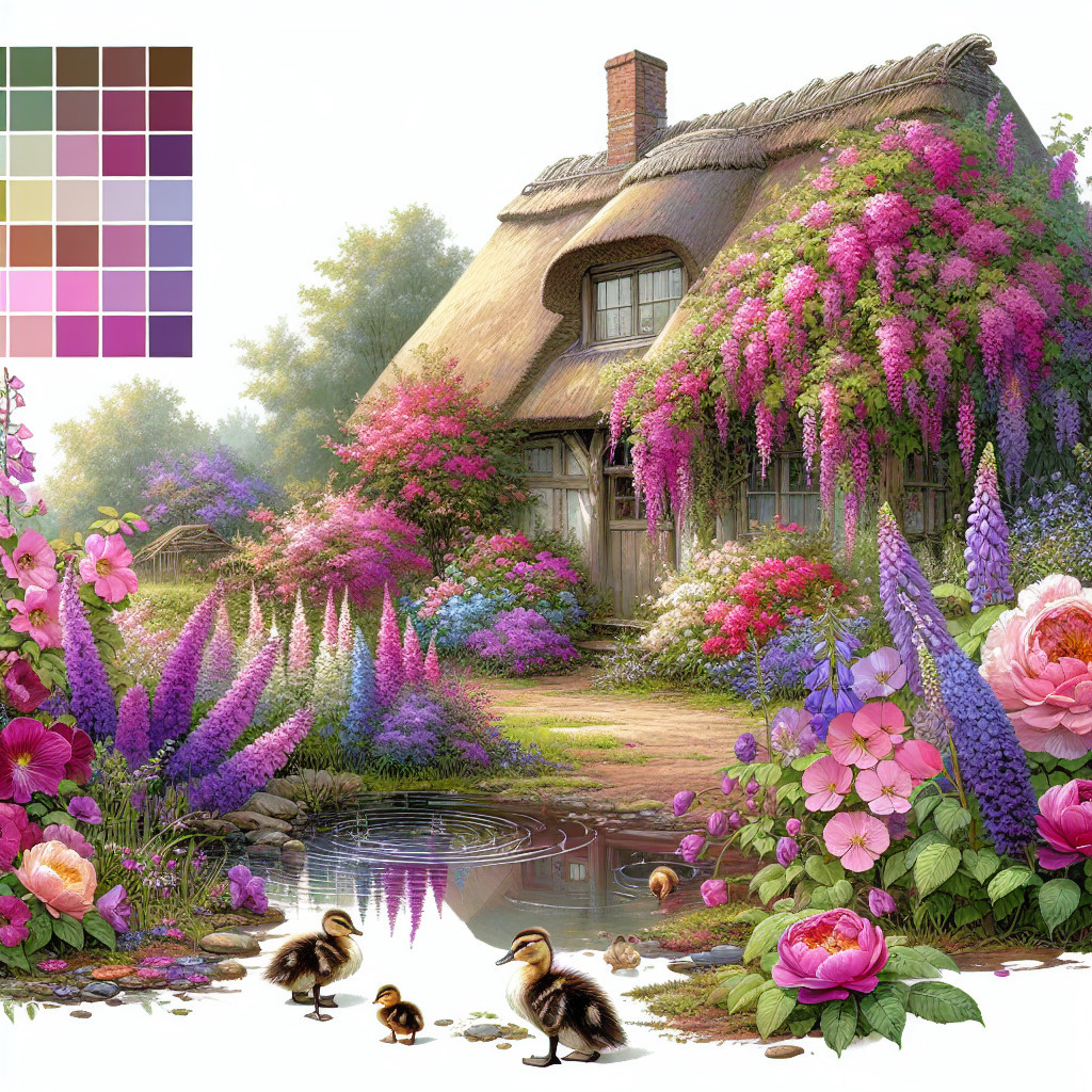 Thatched Cottage Surrounded by Colorful Garden Flora