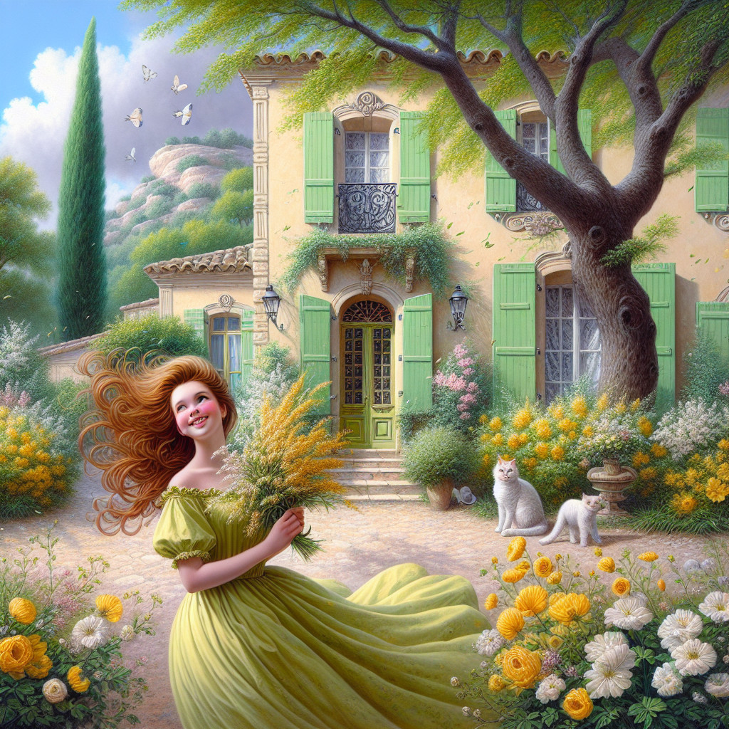Charming Garden Scene with Woman and Playful Cats