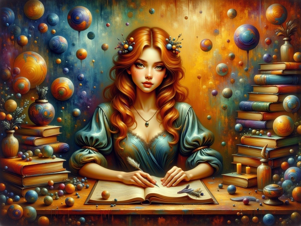 Young woman with red hair at a whimsical table