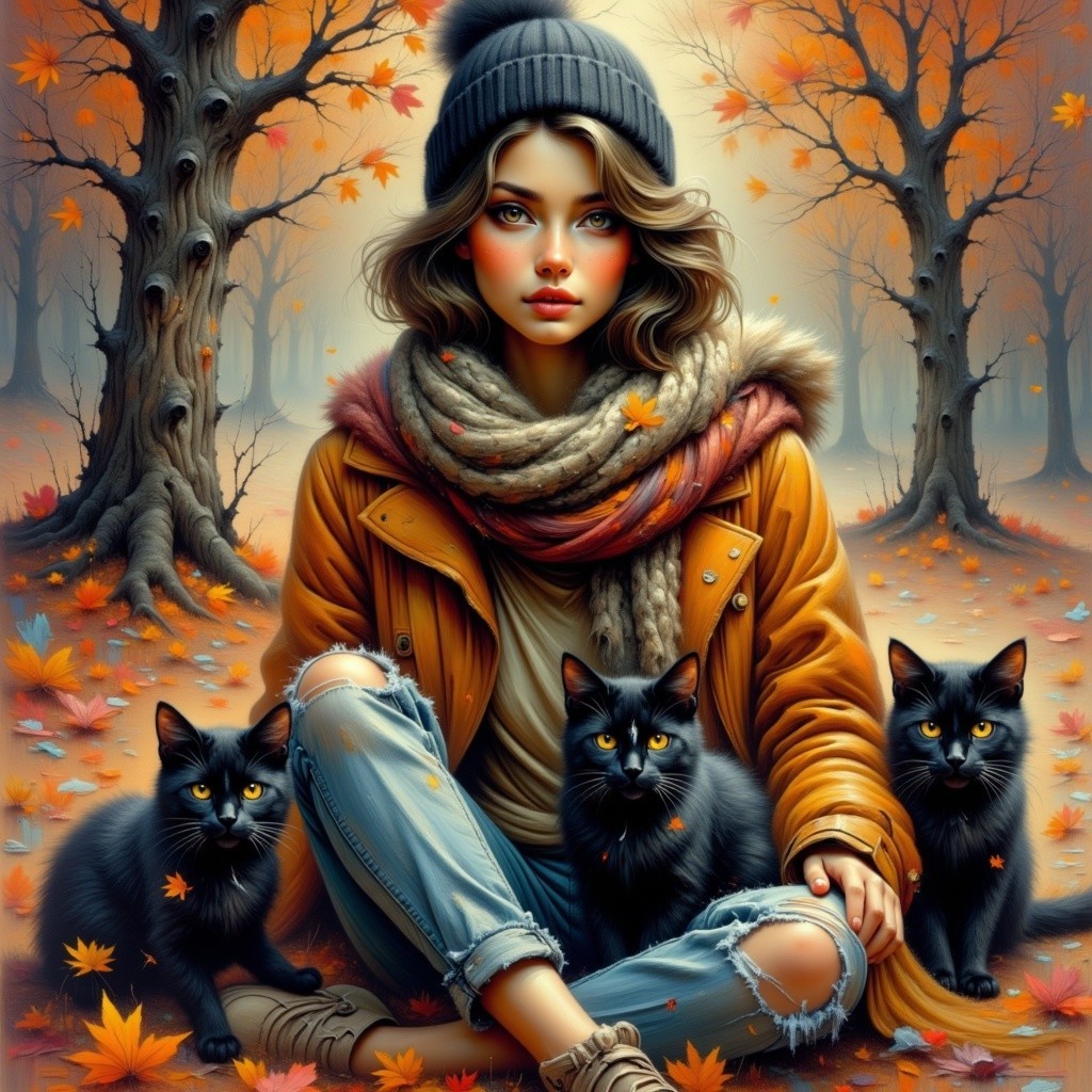 Autumn Landscape with Woman and Black Cats