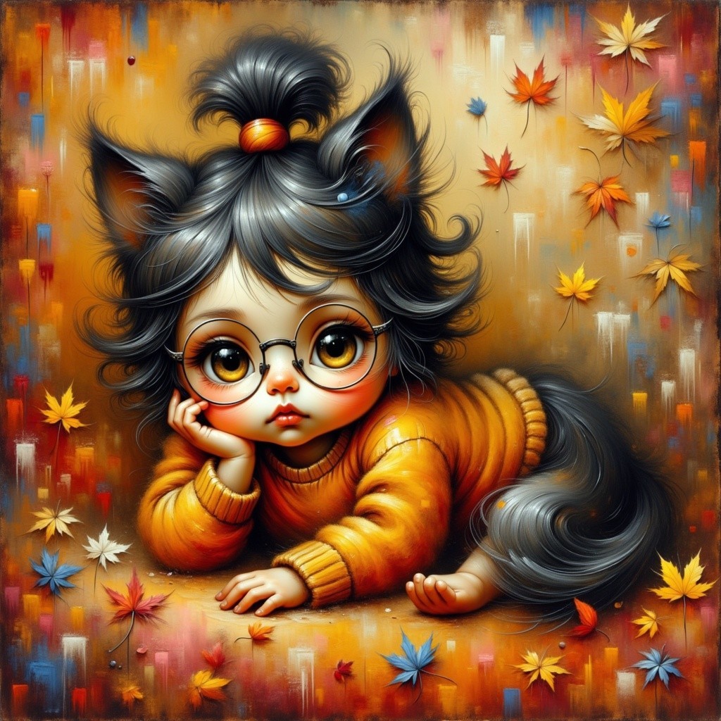 Whimsical Child Illustration in Autumn Leaves Setting