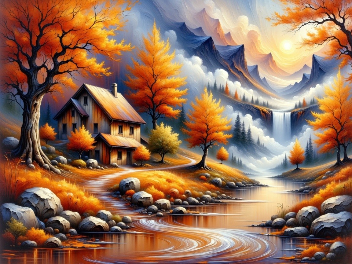 Autumn Landscape with Cabin, Stream, and Mountains