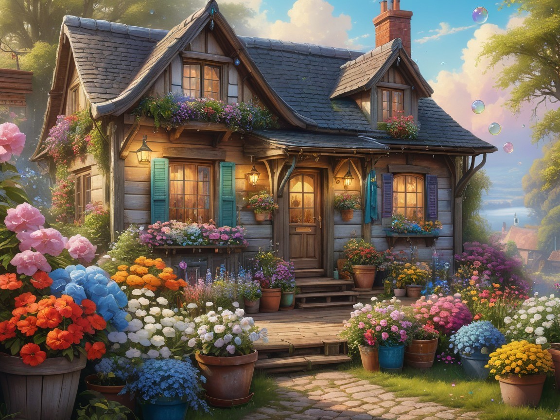 Charming Cottage Surrounded by Colorful Flower Garden