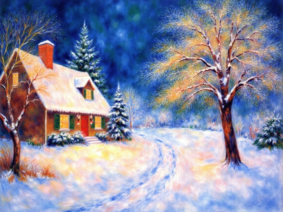 Charming Snowy Cottage Surrounded by Frosty Trees