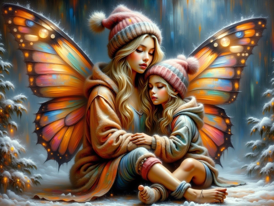 Whimsical Winter Scene with Colorful Butterfly Wings