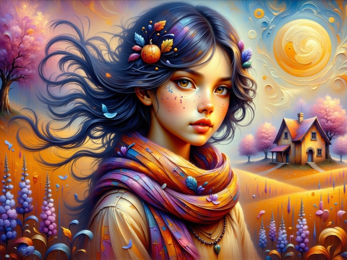 Young woman in floral hair in vibrant autumn landscape