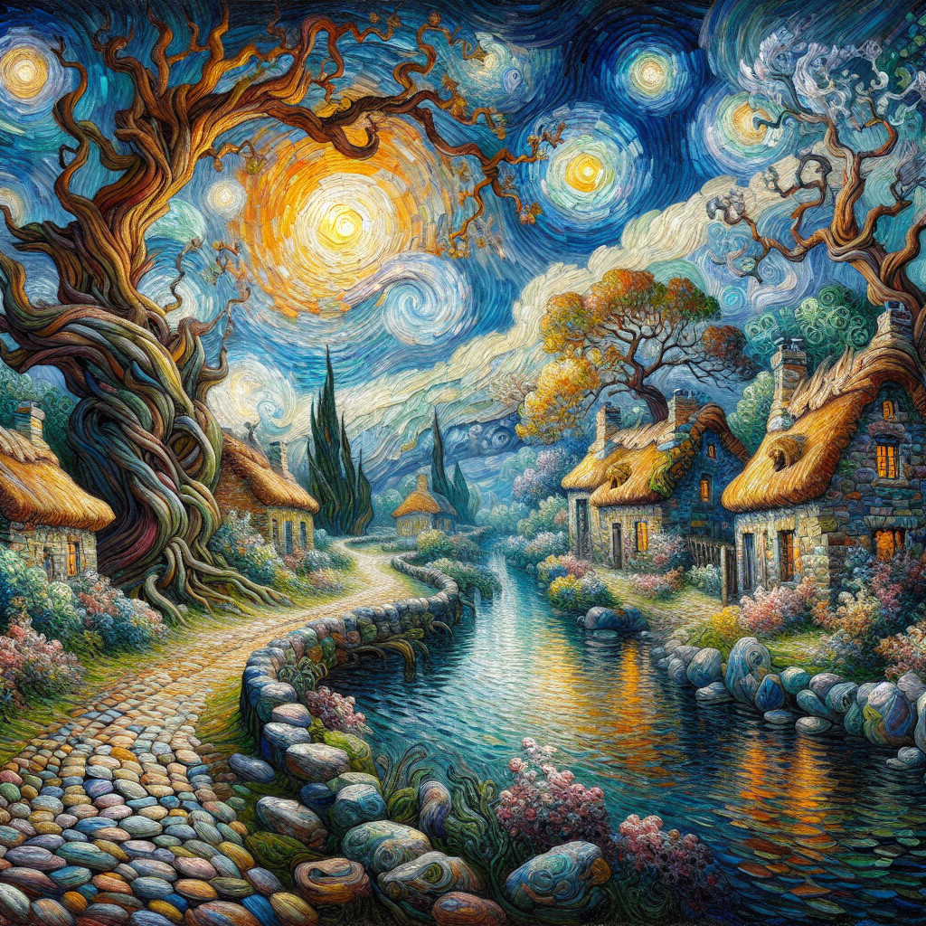 Impressionistic Village Landscape with Starry Sky