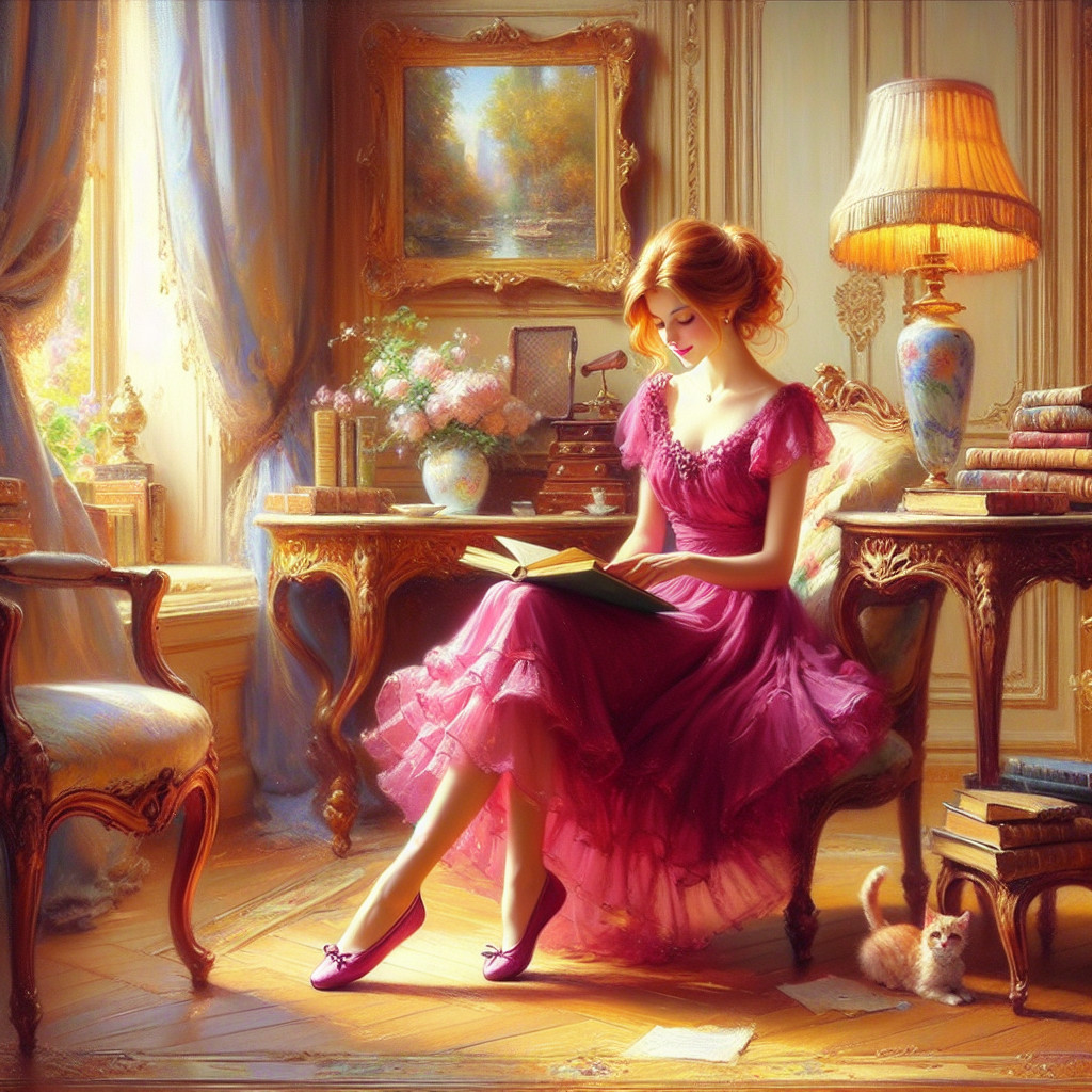 Young woman in pink dress reading in decorated room