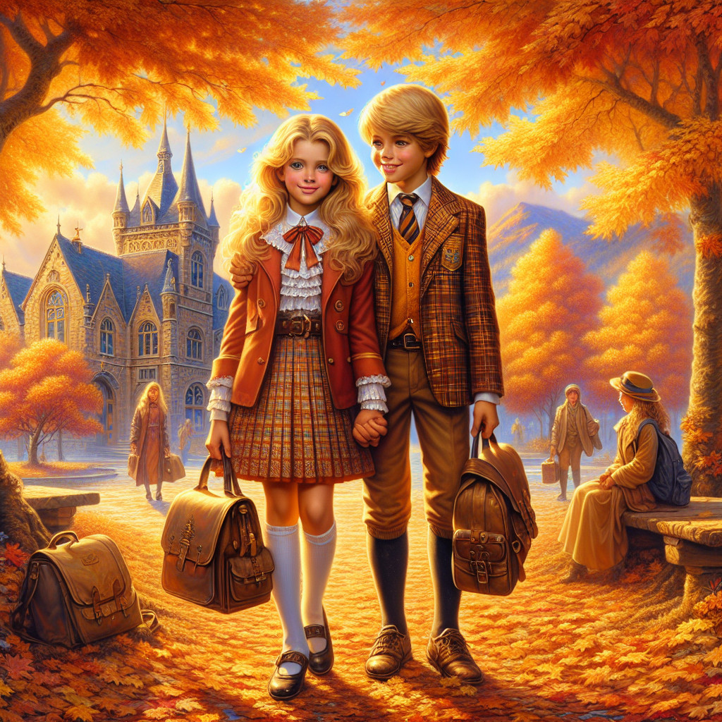 Children in Vintage Attire Strolling in Autumn Landscape