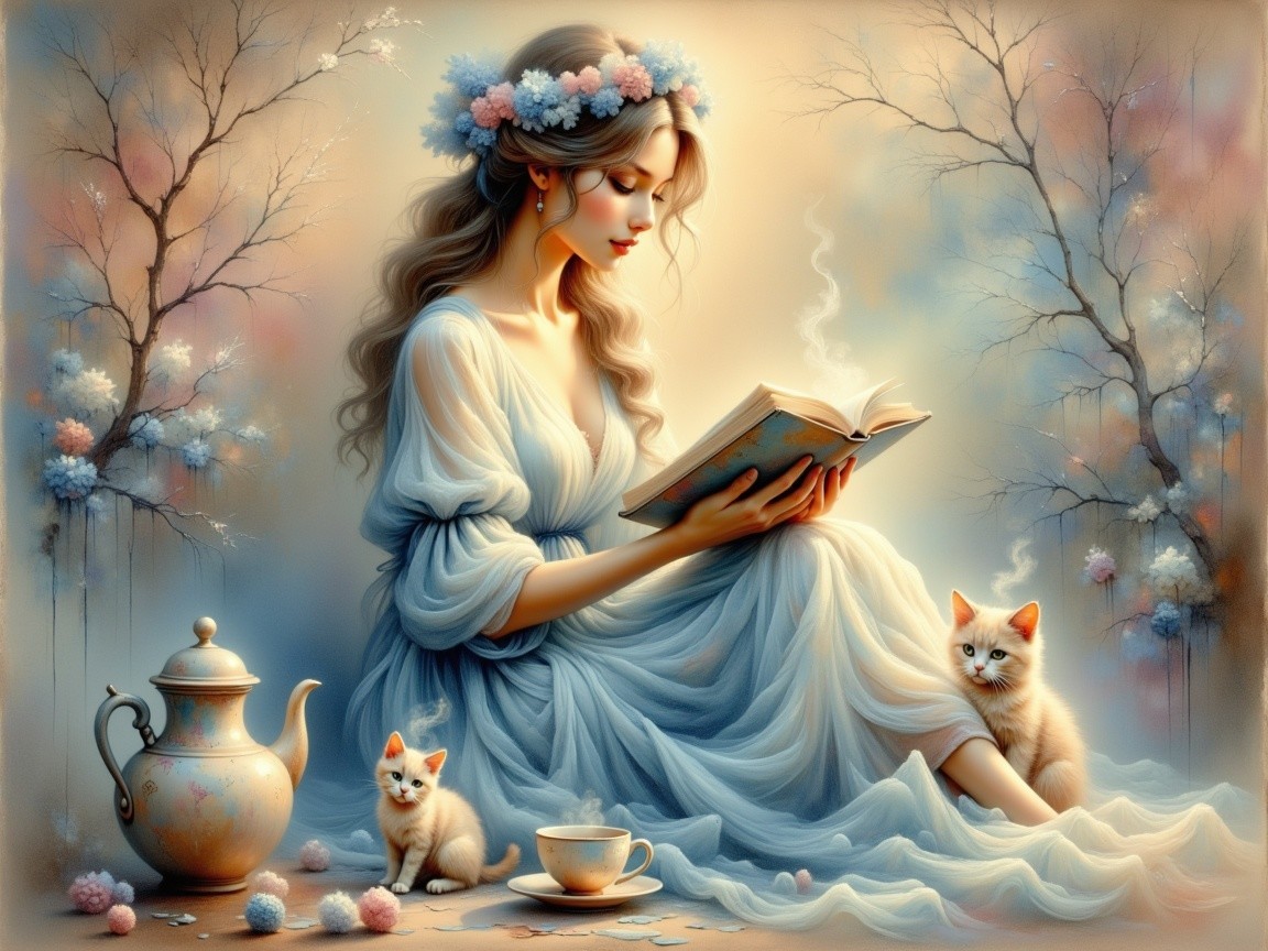 Serene Woman in Blue Dress Reading with Kittens