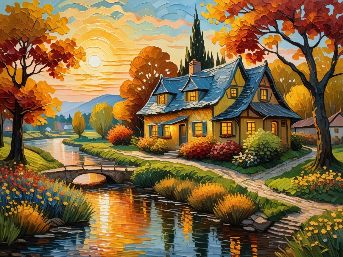 Charming Autumn Countryside Scene with Cottage and River