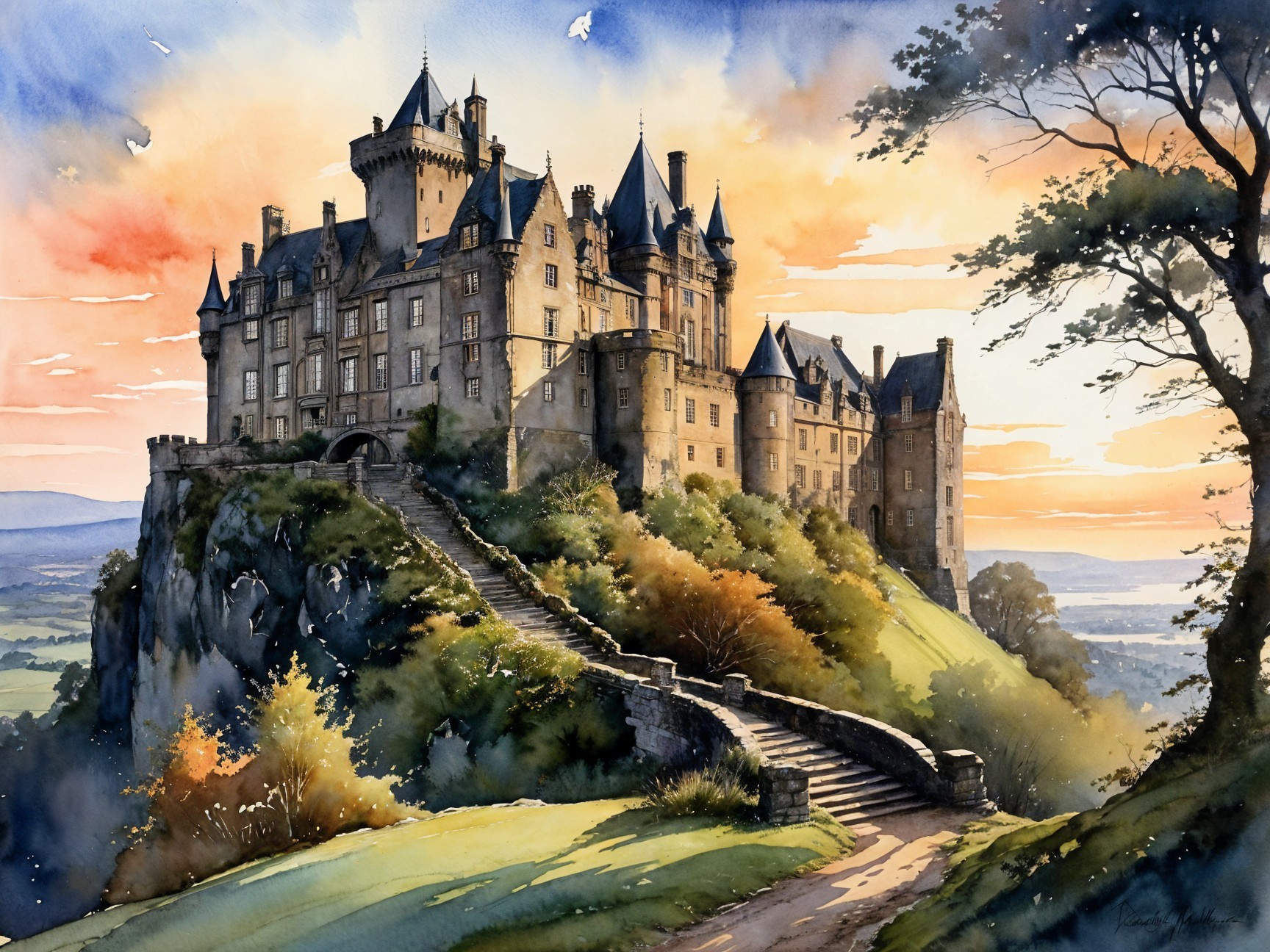 Majestic Castle on Rocky Hill at Sunset