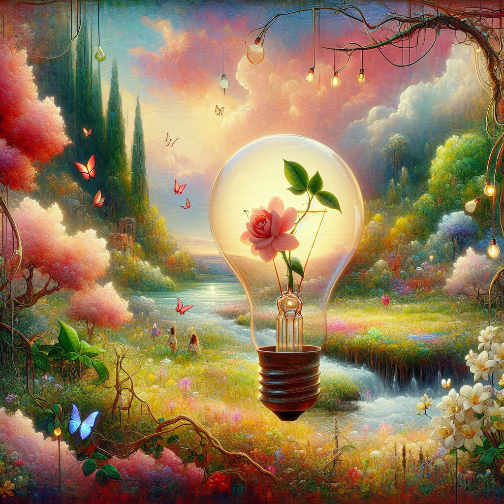 Whimsical Landscape with Flowers and Lush Greenery