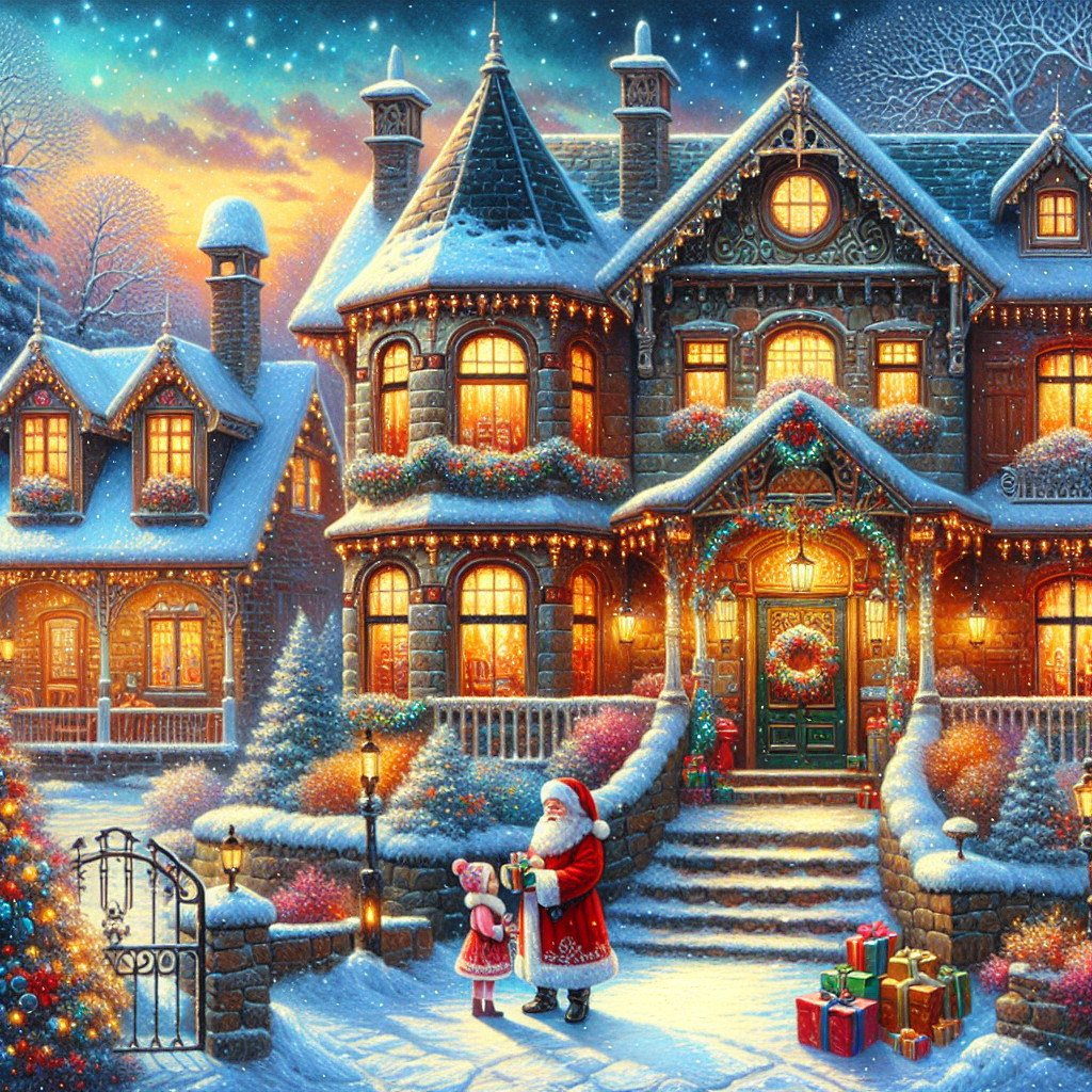 Snow-Covered Mansion with Holiday Decorations and Santa