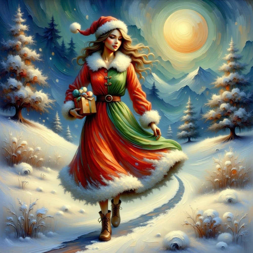 Woman in festive dress amidst snowy winter landscape