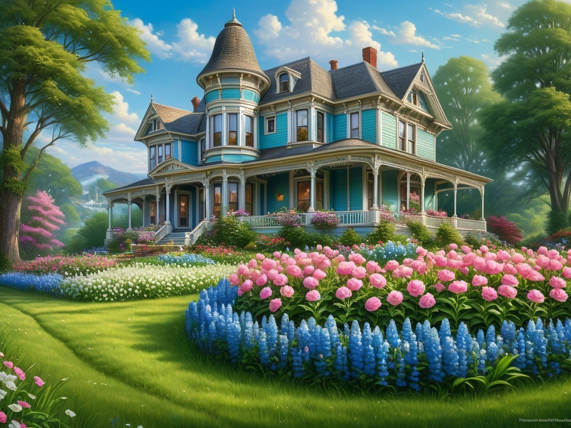 Victorian House Surrounded by Vibrant Garden Landscape