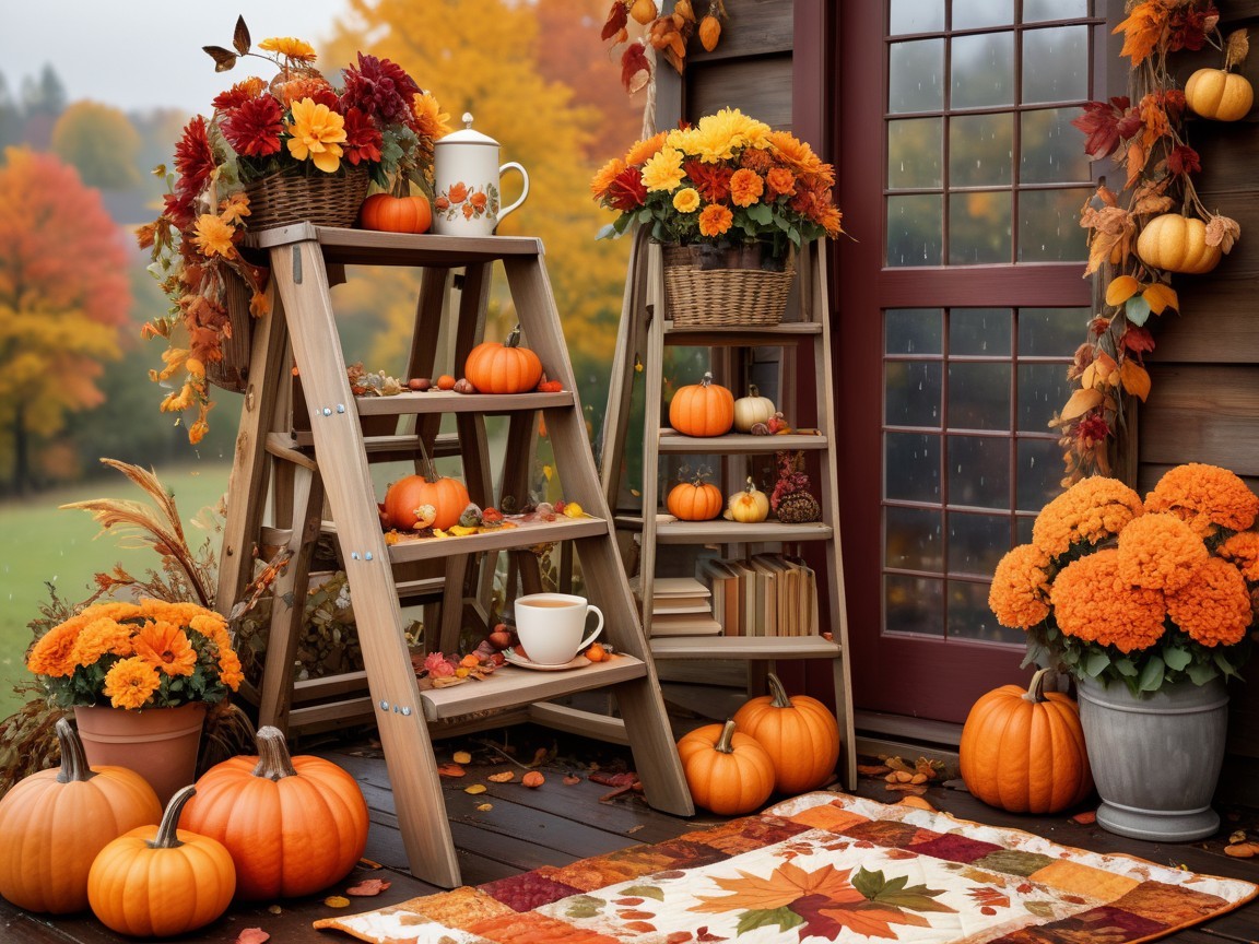 Autumn Scene with Ladder, Flowers, and Pumpkins