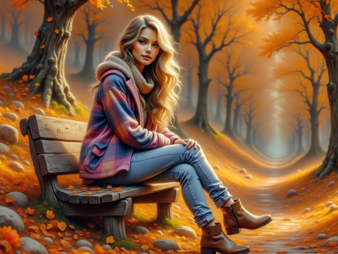 Young Woman in Autumn Scene with Vibrant Leaves