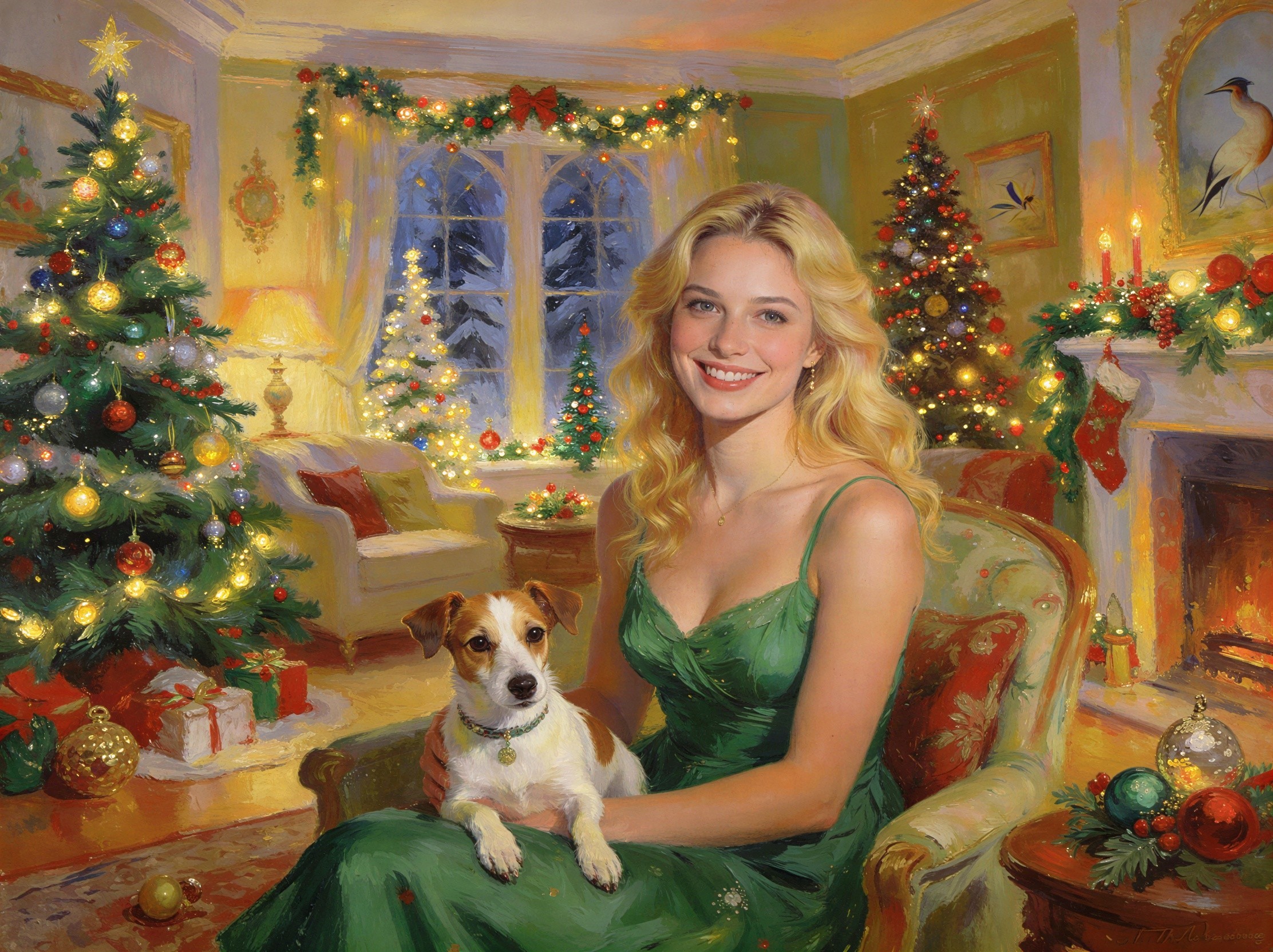 Woman in Green Dress with Dog in Cozy Living Room