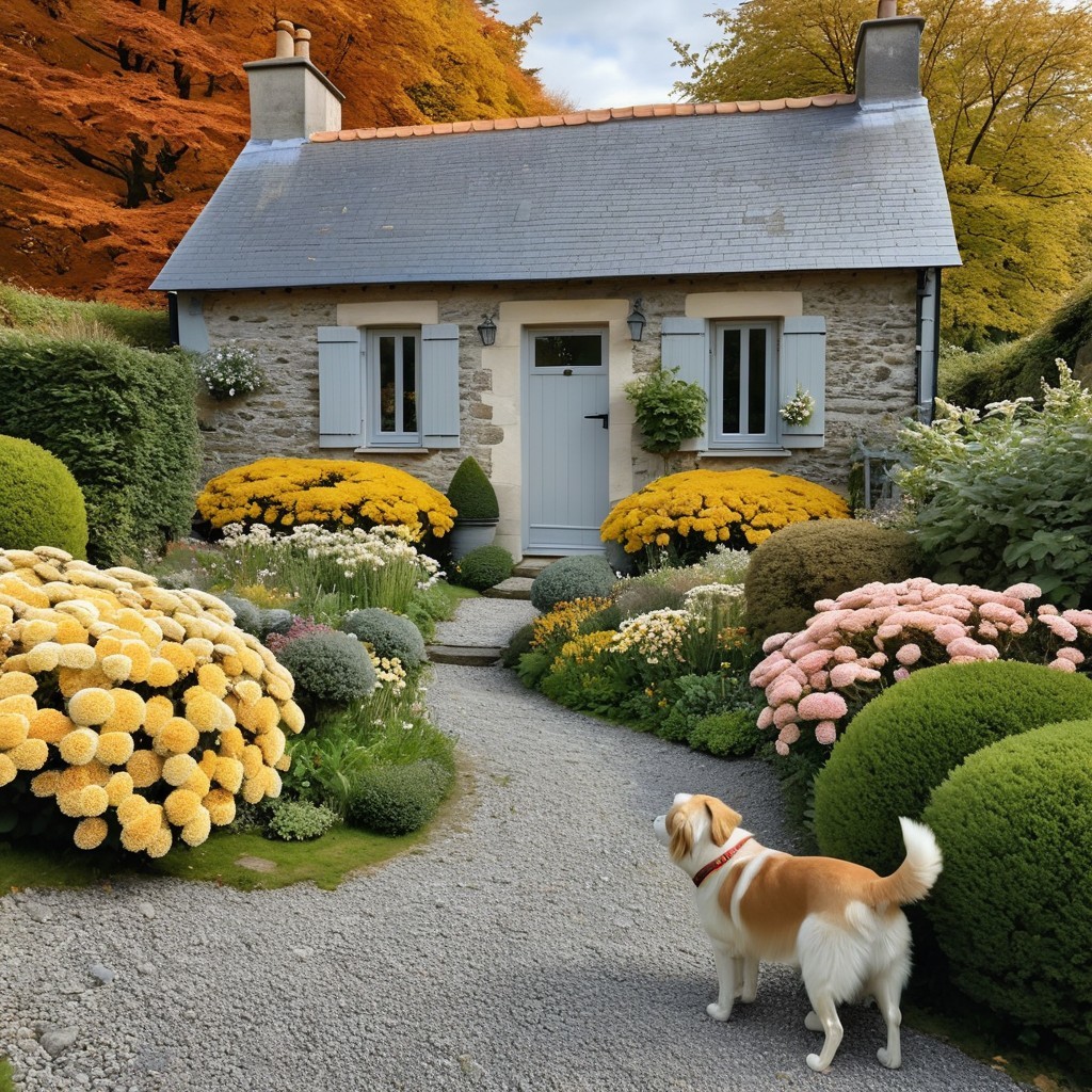 Charming Cottage Surrounded by Lush Greenery and Flowers