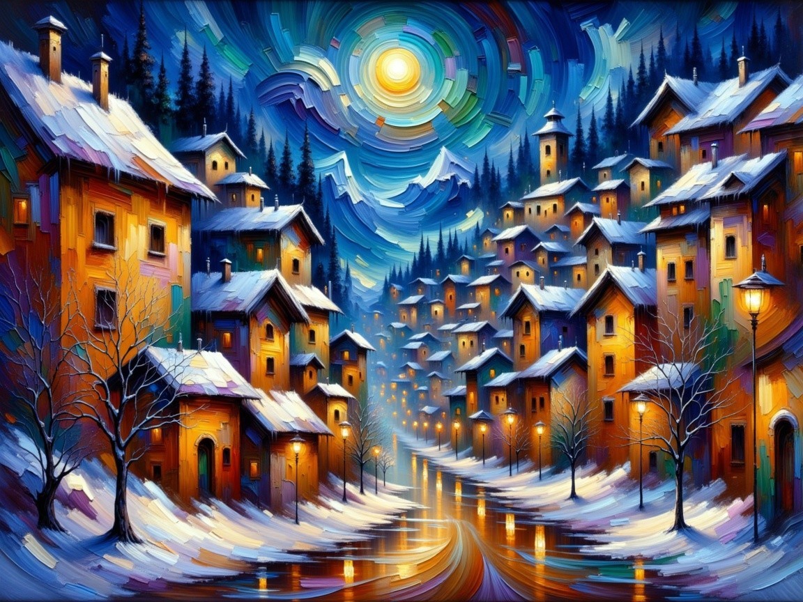 Winter Village Scene with Colorful Houses and Moonlight