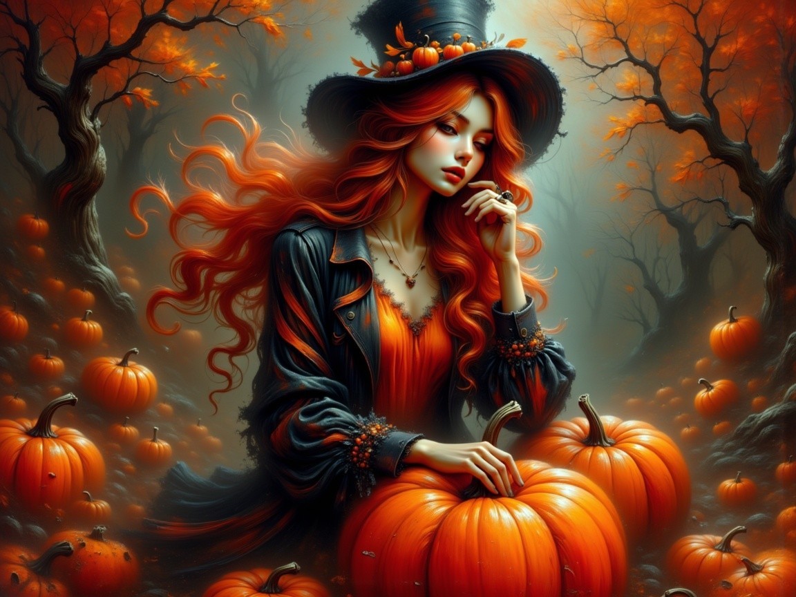 Witch in Autumn Landscape with Pumpkins and Trees