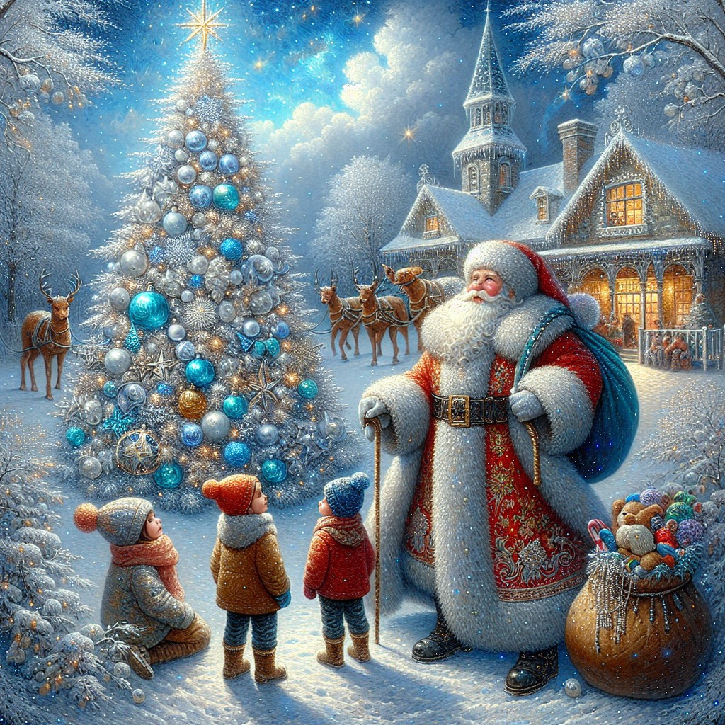 Whimsical Winter Scene with Santa and Christmas Tree