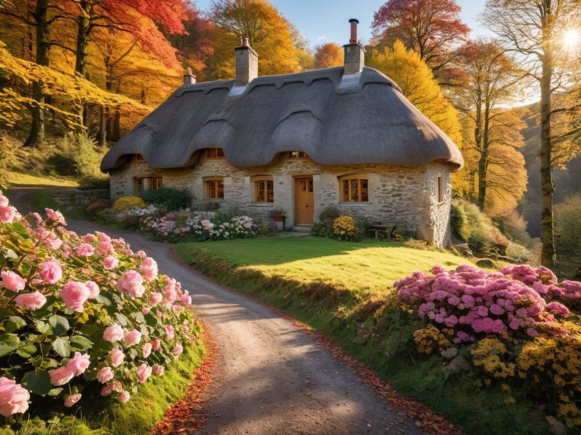 Thatched Cottage in Vibrant Autumn Landscape