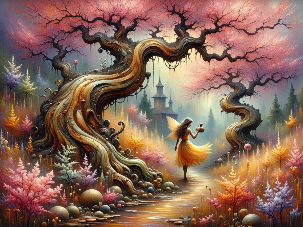 Whimsical Landscape with Twisted Trees and Castle