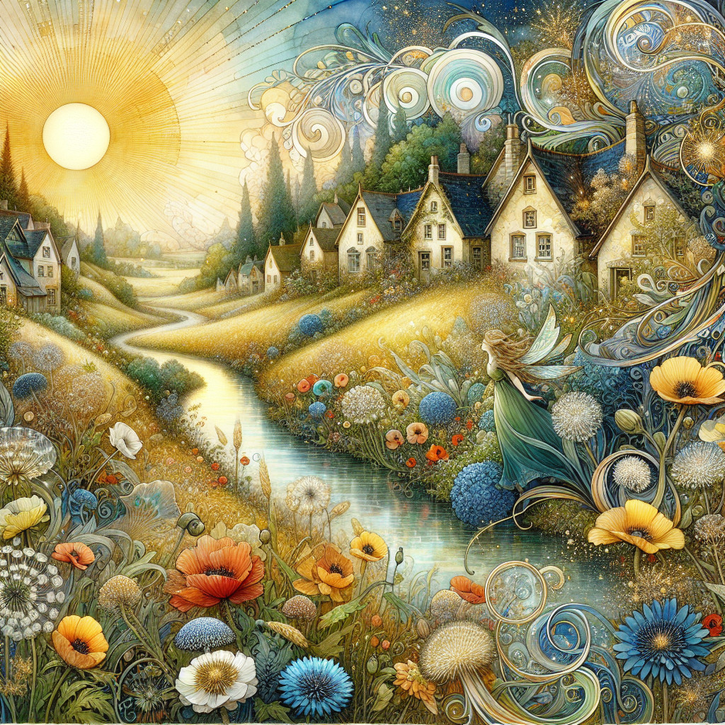 Whimsical Landscape with Houses and Fairy Elements